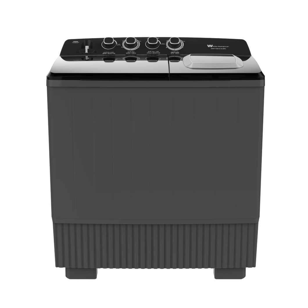 غسالة وايت وستنجهاوس حوضين، سعة 18 كجم، قوة عالية، أزرار تشغيل، باللونين الأسود والرمادي