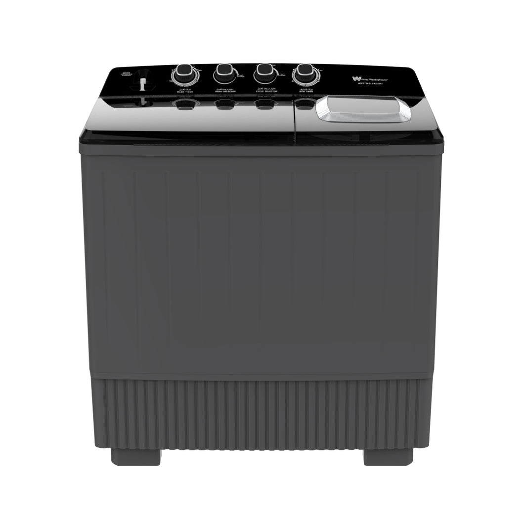 غسالة وايت وستنجهاوس حوضين، سعة 26 كجم، قوة عالية، أزرار تشغيل، باللونين الأسود والرمادي